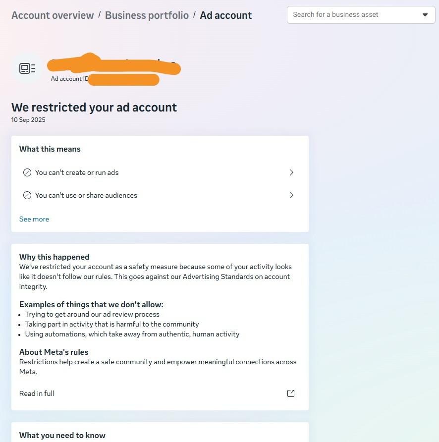 Meta notice reading We restricted your ad account, dated 10 September 2025, with a what this means and why this happened panel