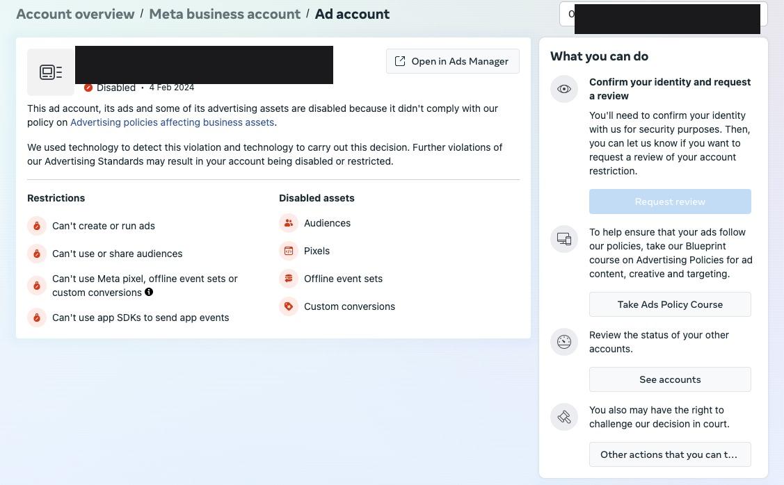 Meta ad account disabled notice from 4 February 2024 listing restrictions and disabled assets with a Confirm your identity and request a review panel