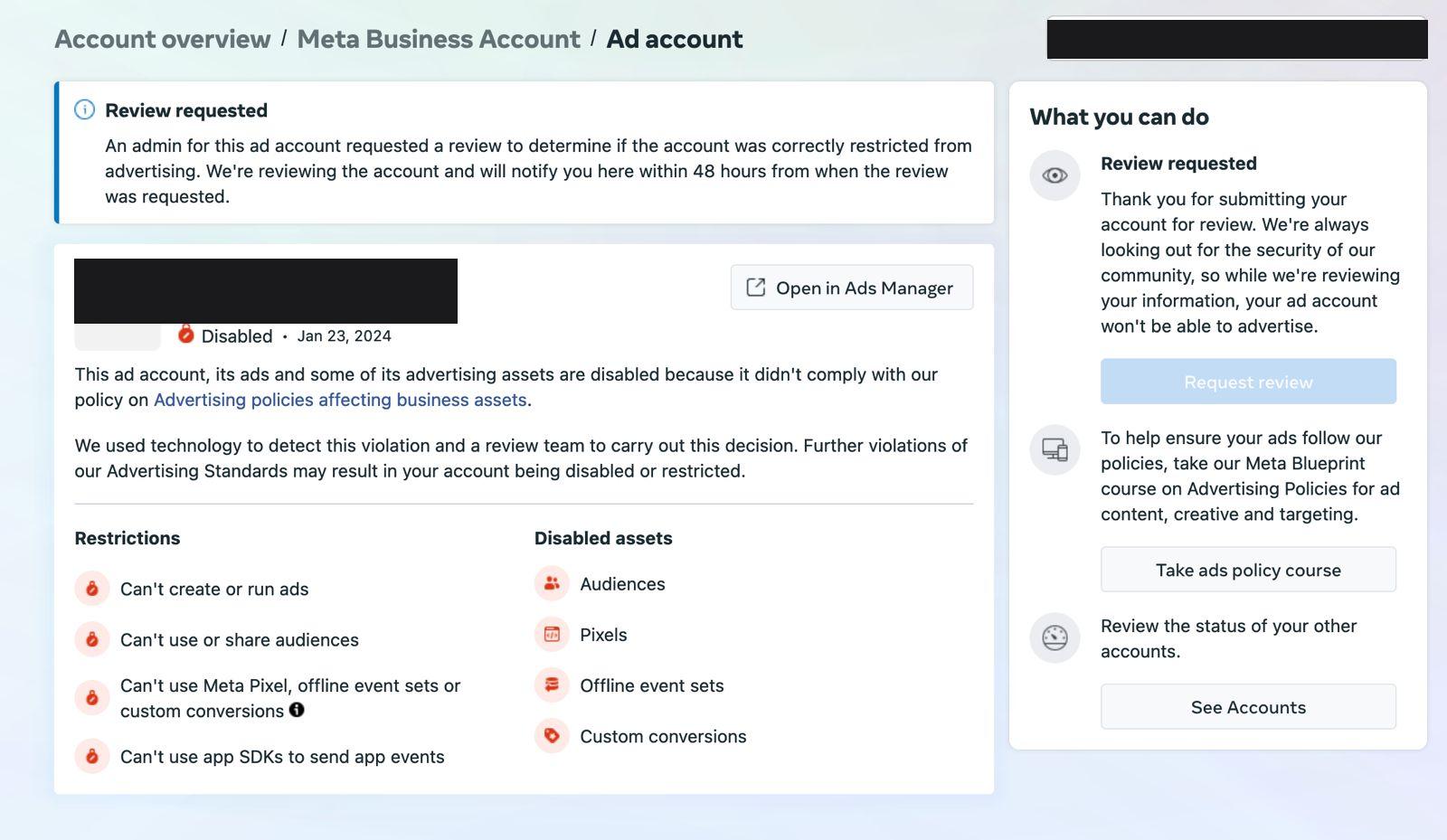 Meta ad account showing a review requested state with the message that Meta will notify you within 48 hours