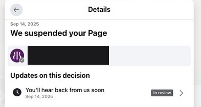 Meta notice reading We suspended your Page, dated 14 September 2025, with the appeal status showing In review