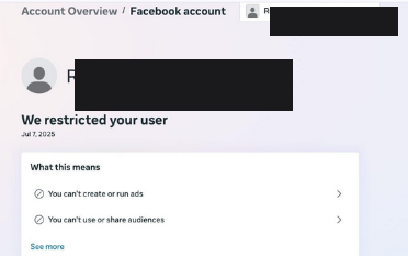 Meta notice reading We restricted your user on a personal Facebook profile, dated 7 July 2025