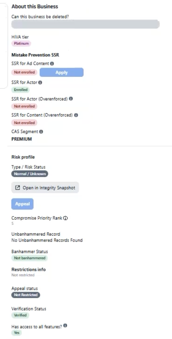 Meta partner back-end view of a business showing HIVA tier Platinum, CAS Segment PREMIUM, a cleared risk profile, not banhammered, no restrictions and verified status